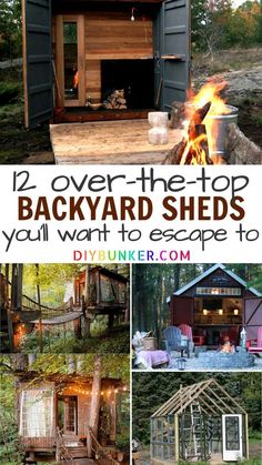 the backyard shed is made out of shipping containers and has an outdoor fire pit in it