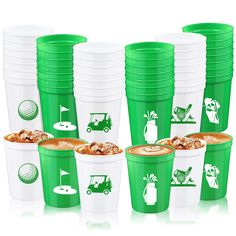 green and white cups filled with different types of food