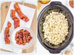 bacon and other ingredients in an air fryer next to a cutting board with food on it