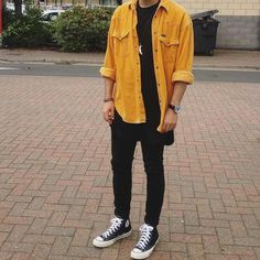 WIWT: Vintage Mustard Shirt, Extended Black T-Shirt, Skinny Jeans and 70s Converse. I.G Daniel.Nouri - Imgur Outfit Converse, Mustard Shirt, Mens Fashion Edgy, Streetwear Mode, Paris Mode, Mode Casual, Streetwear Men Outfits, Fashion Streetwear