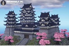 an image of a castle with pink flowers in the foreground