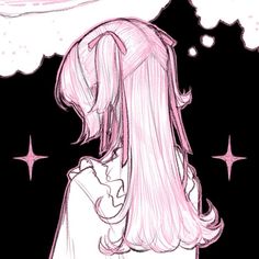 a drawing of a girl with long pink hair looking up at the sky and stars