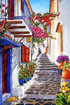 a painting of an alley way with flowers and potted plants on the side walk