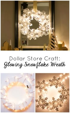 dollar store craft glowing snowflake wreath with lights on the front, and an image of