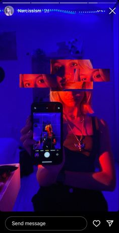 a woman holding up a cell phone in front of her face with multiple images on the screen