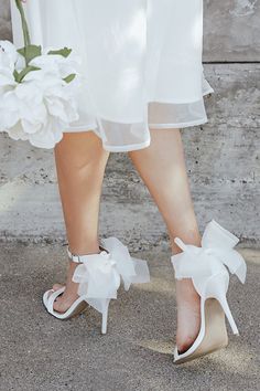 Ivory Satin Heels - Ankle Strap High Heels - High Heel Sandals - Lulus Shoes With Bows High Heels, Bow Ankle Strap Heels, White Heels With Bow On Back, Bride Wedding Heels, Tulle Bow Heels, White Shoes With Bow, Wedding Shoes With Bows, White Satin Wedding Heels, White Heels With Bow