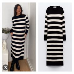 Nwt Zara Long Knit Dress Chic Knitted Midi Sweater Dress, Chic Knitted Midi Length Sweater Dress, White Ribbed Midi Dress For Winter, White Midi Sweater Dress For Fall, Chic Long Striped Dress, Chic Striped Maxi Dress For Fall, Fall Chic Striped Maxi Dress, Casual Long White Sweater Dress, White Long Knitted Dress