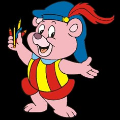 a cartoon bear holding two pencils and pointing to it's left side with one hand