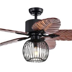 a ceiling fan with two blades and a caged light fixture on the top of it