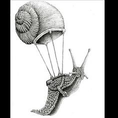 a drawing of a snail being pulled by a parachute