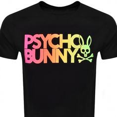 Psycho Bunny Sheffield Foil Short Sleeved T Shirt In Black A classic jersey t shirt with a ribbed crew neckline and short sleeves. The signature Psycho Bunny logo is situated on the centre of the chest in a vectored print design in pink orange yellow and green. The signature Psycho Bunny woven patch is on the left of the hem in beige black and red. Top stitch detail on all the seams in black. 100% Pima Cotton. Yellow Wedding Cake, Disney Artwork, Pink Orange Yellow, Yellow Wedding, Red Top