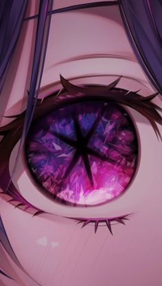 an anime character's eye with purple and blue colors