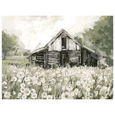 a painting of an old barn in the middle of a field with dandelions