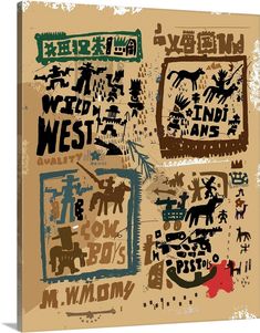 an old poster with different types of animals and words on it's sides, including the word wild west