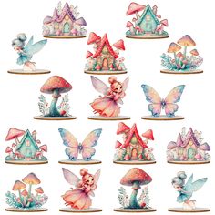 a set of twelve fairy figurines sitting on top of each other in different shapes and sizes