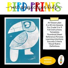 Middle school printable art lesson plan - relief printing art lesson plan. Bird relief print Middle School Art Sub Plans, Art Sub Plans Elementary, Art Lesson For Middle School, Middle School Art Lessons, Painting Lesson Plans, Intermediate Art, Art Lesson Plan, Art Careers, Art Sub Plans