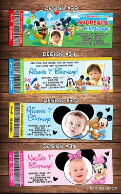 three mickey mouse birthday party tickets on a wooden table with an image of the child's face