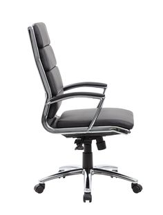 an office chair with black leather upholstered seat and chrome frame base, viewed from the front