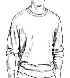 a black and white drawing of a man wearing a sweater with his hands in his pockets