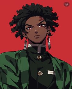 an anime character with dreadlocks on her head and green jacket, standing in front of a red background