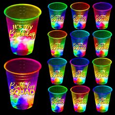 there are many plastic cups with the words it's my birthday squad on them