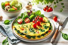 an omelet with spinach and tomatoes on a plate next to a salad