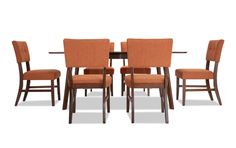 a set of six chairs and a table with an orange upholstered backrest