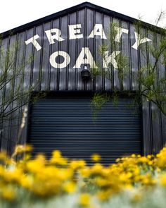 a black building with graffiti on it and yellow flowers in the foreground behind it