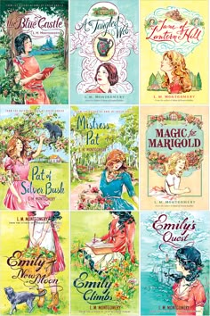 six books with different covers on them, all in different colors and font options for each book