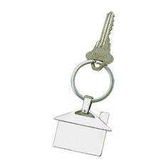 a house shaped keychain with a metal ring on it's front and back ends