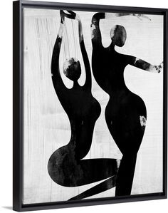 an abstract black and white painting with two people holding each other's arms in the air