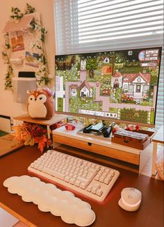 a computer desk with a keyboard, mouse and monitor on it in front of a window