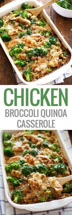 chicken broccoli quinoa casserole in a white dish