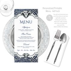 a table setting with silverware and place settings for the dinner menu, which is surrounded by crystal - encrusted napkins