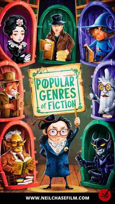 an image of some cartoon characters holding a sign that says popular genries of fiction