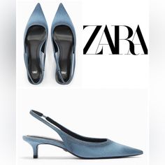 Genuine Zara New With Tag Material: Fabric Upper Color: Denim Blue Low Heel Slingbacks In Blue Denim. Modern & So Chic! Pointed Toes. Euro Size 39 Chic Blue Slingback Pumps For Summer, Casual Blue Slingback Heels, Blue Slingback Pumps For Spring Workwear, Chic Blue Slingback Pumps, Blue Slingback Pumps For Work, Blue Pointed Toe Slingback Pumps For Spring, Blue Pointed Toe Slingback Pumps For Work, Zara Slingback Pumps For Spring Workwear, Blue Summer Heels For Workwear