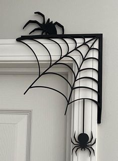 a spider web hanging from the side of a door with a black widow on it