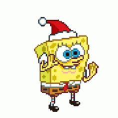 a pixeled spongebob wearing a santa hat and holding his hand up to the side