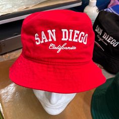 Bucket Hat New Style Make San Diego California Cotton %100 Good Quality Cotton Red Casual Summer Hats, Retro Red Summer Hats, Vintage Red Cotton Hat, Red Vintage Cotton Hat, Vintage Red Hat For The Beach, Casual Red Hat With Short Brim, Retro Red Beach Hat, Casual Red Snapback Hat, Vintage Red Summer Hat