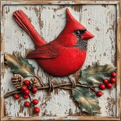 a red bird sitting on top of a wooden sign with holly berries and pine cones