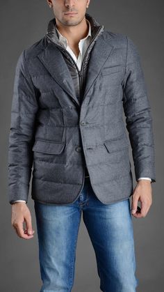 Herno down quilted blazer with removable contrast zippered rib, two pockets, chest pocket, button fastening, 100% wool. Quilted Blazer, Menswear Fashion, Male Fashion, Smart Casual