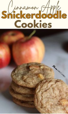 cinnamon apple snickkerdoodle cookies stacked on top of each other with apples in the background