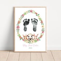 a baby's hand and foot print with the words, my first easter