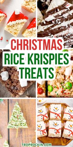 christmas rice krispies treats collage with text overlay that reads, christmas rice krispies treats