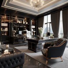 an elegant office with black leather furniture and chandelier hanging from the ceiling, along with large windows