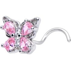 a pair of pink crystal butterfly belly ring with silver plated ear hooks on a white background