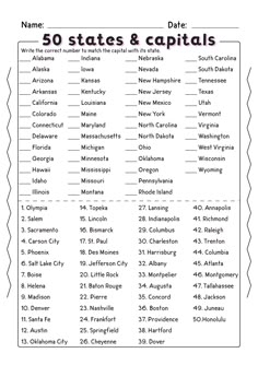 the 50 states and capitals worksheet is shown in this printable version