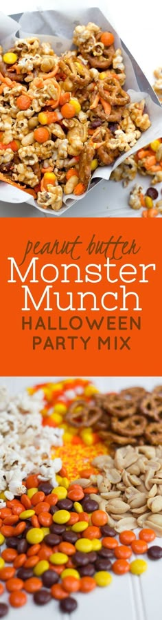 monster munch halloween party mix with candy corn and pretzels on the side