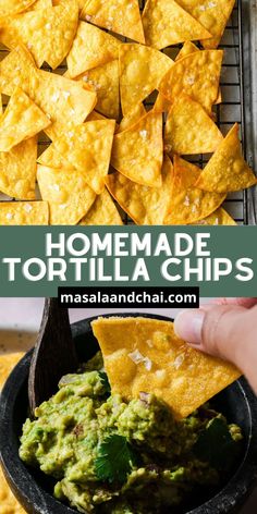 homemade tortilla chips in a bowl with guacamole