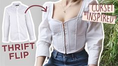 a woman wearing a white shirt and jeans with the words corset inspired on it